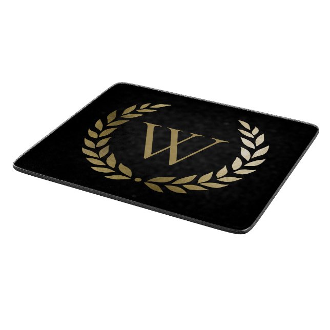 Elegant Black Gold Laurel Wreath Monogram Cutting Board (Corner)