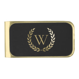 Elegant Black Gold Laurel Wreath Monogram Gold Finish Money Clip