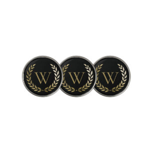 Elegant Black Gold Laurel Wreath Monogram Golf Ball Marker