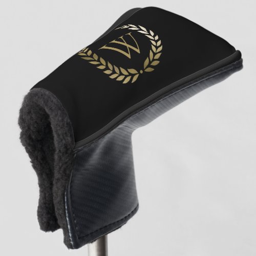 Elegant Black Gold Laurel Wreath Monogram Golf Head Cover