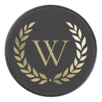 Elegant Black Gold Laurel Wreath Monogram Hockey Puck