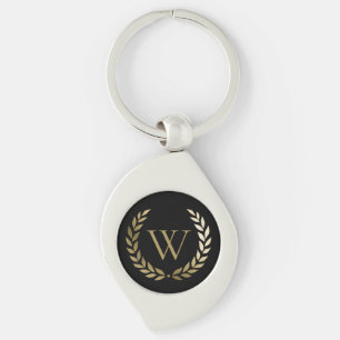 Elegant Black Gold Laurel Wreath Monogram Keychain
