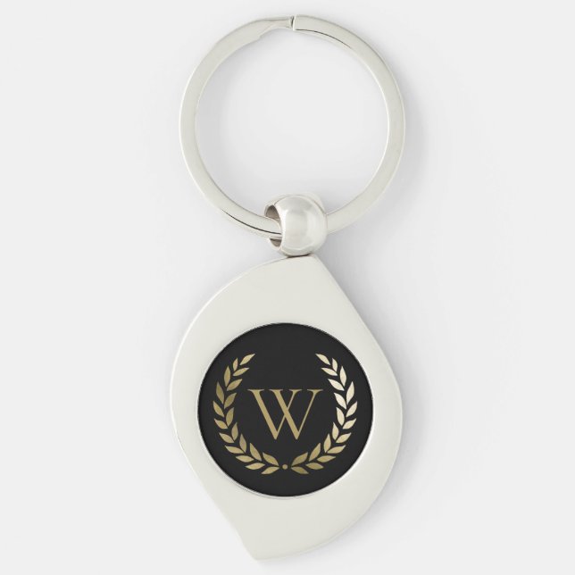 Elegant Black Gold Laurel Wreath Monogram Keychain (Front)