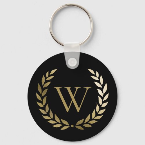 Elegant Black Gold Laurel Wreath Monogram Keychain