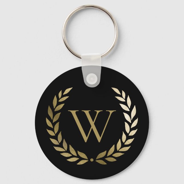 Elegant Black Gold Laurel Wreath Monogram Keychain (Front)