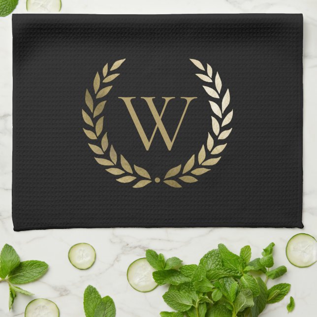 Elegant Black Gold Laurel Wreath Monogram Kitchen Towel (Folded)
