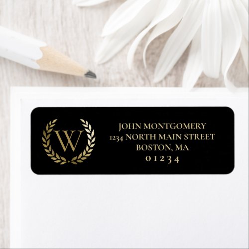 Elegant Black Gold Laurel Wreath Monogram Label