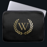 Elegant Black Gold Laurel Wreath Monogram Laptop Sleeve<br><div class="desc">This elegant personalized black laptop sleeve features your monogram in faux gold framed by a matching shiny gold laurel wreath. Designed by Susan Coffey.</div>