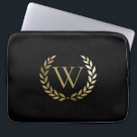 Elegant Black Gold Laurel Wreath Monogram Laptop Sleeve<br><div class="desc">This elegant personalized black laptop sleeve features your monogram in faux gold framed by a matching shiny gold laurel wreath. Designed by Susan Coffey.</div>