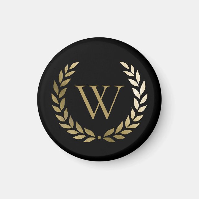 Elegant Black Gold Laurel Wreath Monogram Magnet (Front)