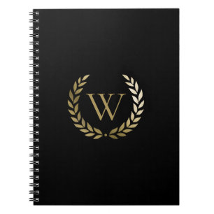 Elegant Black Gold Laurel Wreath Monogram Notebook