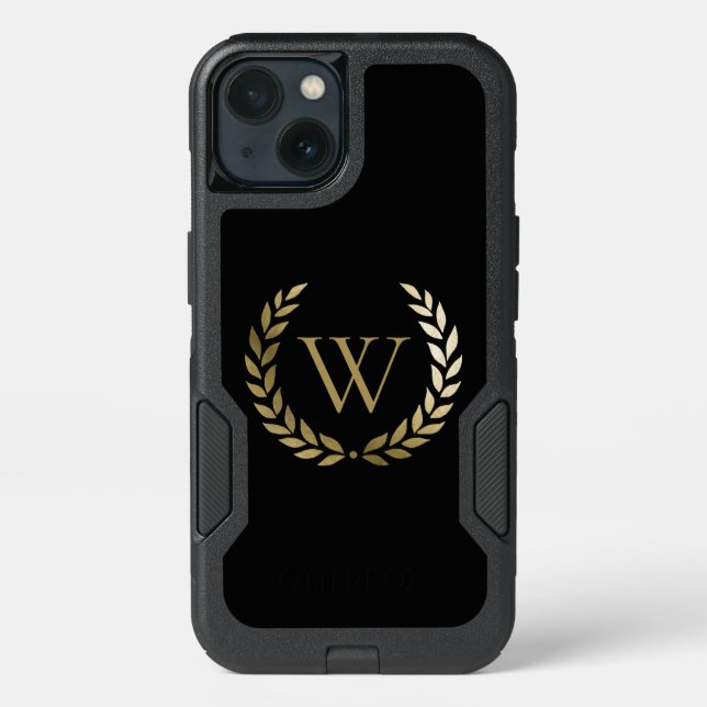 Elegant Black Gold Laurel Wreath Monogram Otterbox iPhone Case (Back)