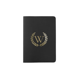 Elegant Black Gold Laurel Wreath Monogram Passport Holder