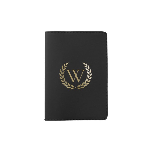 Elegant Black Gold Laurel Wreath Monogram Passport Holder (Front)