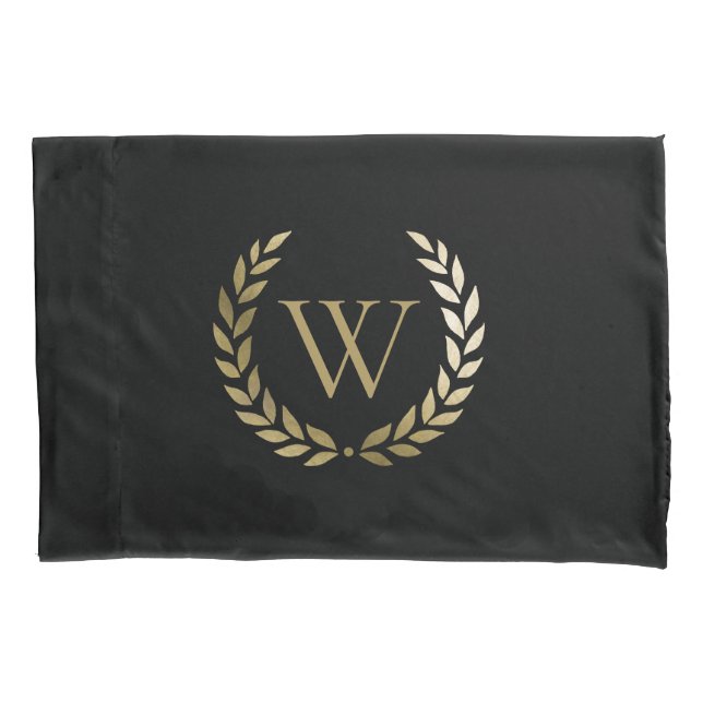 Elegant Black Gold Laurel Wreath Monogram Pillow Case (Front)