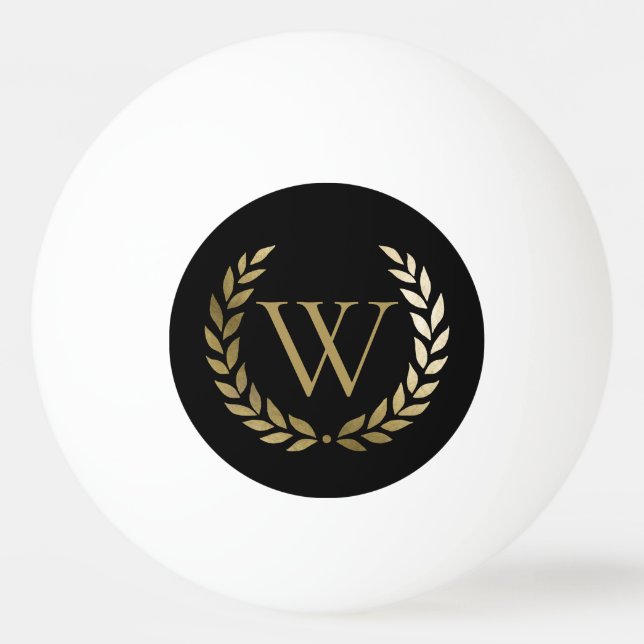 Elegant Black Gold Laurel Wreath Monogram Ping Pong Ball (Front)
