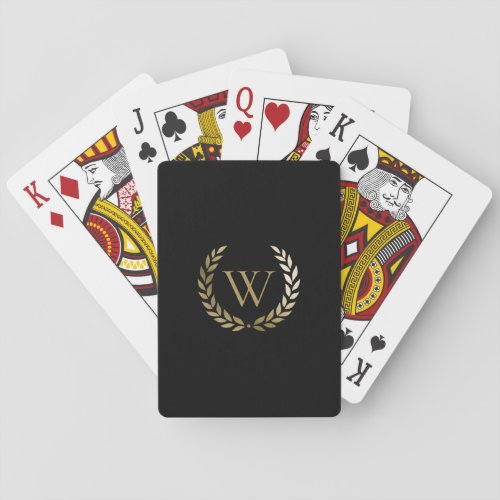 Elegant Black Gold Laurel Wreath Monogram Poker Cards