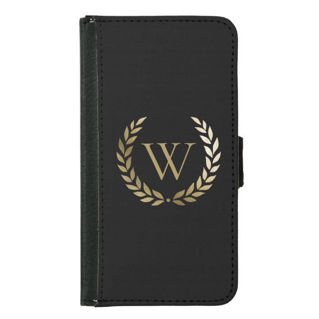 Elegant Black Gold Laurel Wreath Monogram Samsung Galaxy Wallet Case (Front)