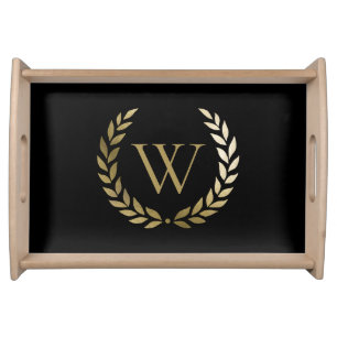 Elegant Black Gold Laurel Wreath Monogram Serving Tray