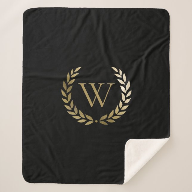 Elegant Black Gold Laurel Wreath Monogram Sherpa Blanket (Front)