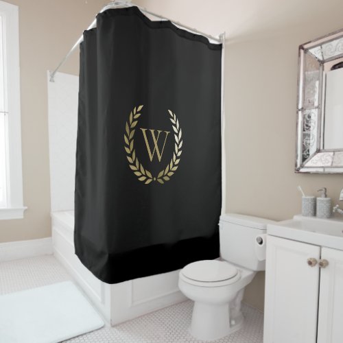 Elegant Black Gold Laurel Wreath Monogram Shower Curtain