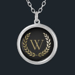 Elegant Black Gold Laurel Wreath Monogram Silver Plated Necklace<br><div class="desc">This elegant personalized necklace features a faux gold monogram framed with a gold laurel wreath on a simple black background. Designed by Susan Coffey.</div>