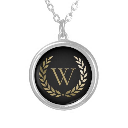 Elegant Black Gold Laurel Wreath Monogram Silver Plated Necklace