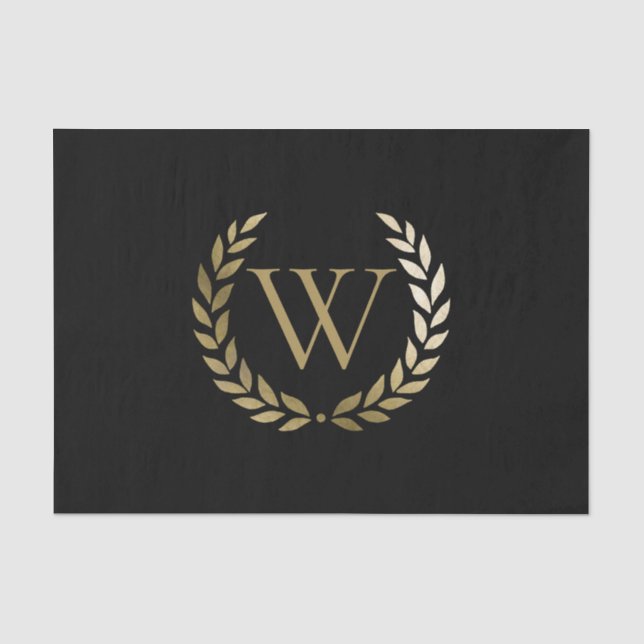 Elegant Black Gold Laurel Wreath Monogram Tissue Paper (Front)