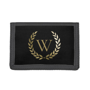Elegant Black Gold Laurel Wreath Monogram Tri-fold Wallet