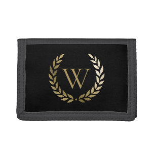 Elegant Black Gold Laurel Wreath Monogram Tri-fold Wallet