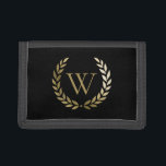 Elegant Black Gold Laurel Wreath Monogram Trifold Wallet<br><div class="desc">this elegant wallet features your monogram in faux gold framed by a matching gold laurel wreath on a black background. Back of the luggage tag has a slot for your contact information. Designed by Susan Coffey.</div>