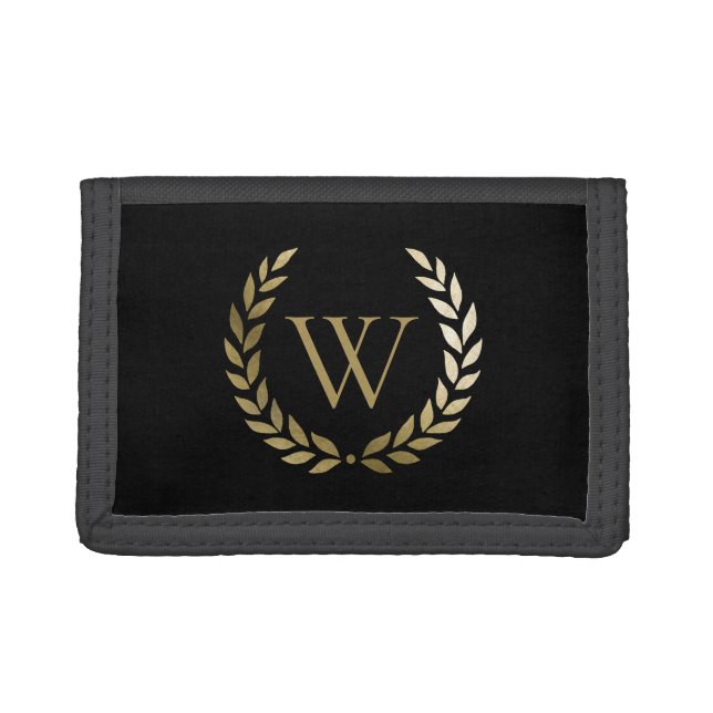 Elegant Black Gold Laurel Wreath Monogram Trifold Wallet (Front)