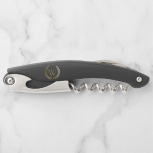 Elegant Black Gold Laurel Wreath Monogram Waiter's Corkscrew