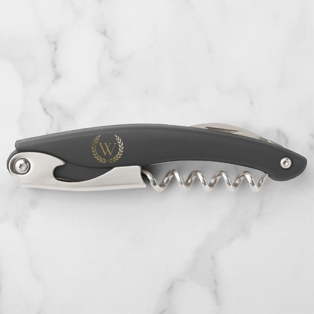 Elegant Black Gold Laurel Wreath Monogram Waiter's Corkscrew (Front)