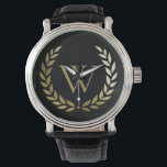 Elegant Black Gold Laurel Wreath Monogram Watch<br><div class="desc">This elegant personalized watch features a faux gold monogram framed with a gold laurel wreath on a simple black background. Designed by Susan Coffey.</div>