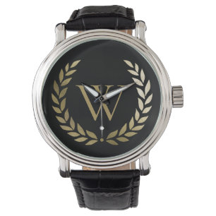 Elegant Black Gold Laurel Wreath Monogram Watch