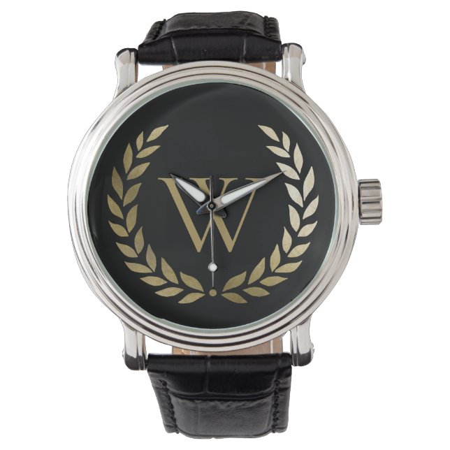 Elegant Black Gold Laurel Wreath Monogram Watch (Front)