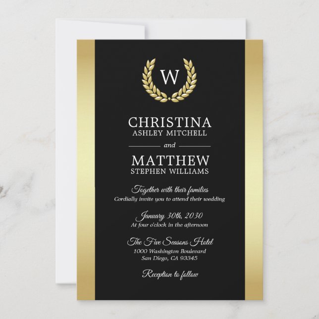 Elegant Black Gold Laurel Wreath Monogram Wedding Invitation (Front)