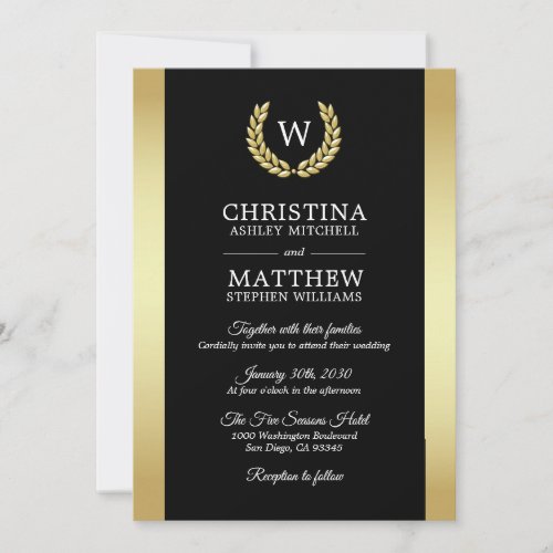 Elegant Black Gold Laurel Wreath Monogram Wedding Invitation