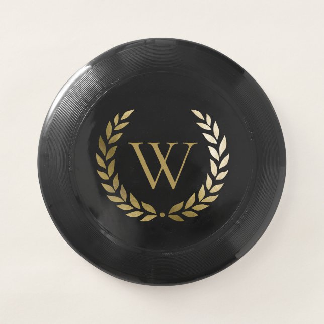 Elegant Black Gold Laurel Wreath Monogram Wham-O Frisbee (Front)
