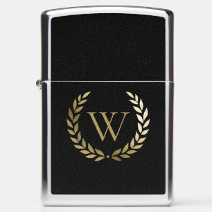 Elegant Black Gold Laurel Wreath Monogram Zippo Lighter