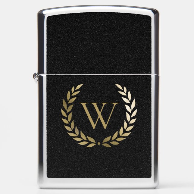 Elegant Black Gold Laurel Wreath Monogram Zippo Lighter (Front)