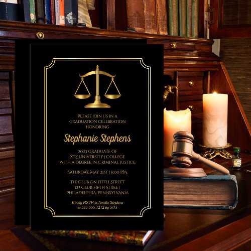 Elegant Black  Gold Law Attorney Graduation Party Invitation