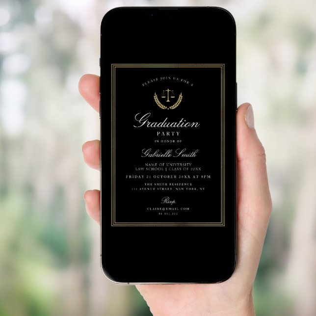 Elegant black & gold law school graduation party invitation (Front Digital)