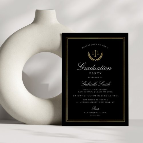 Elegant black  gold law school graduation party invitation
