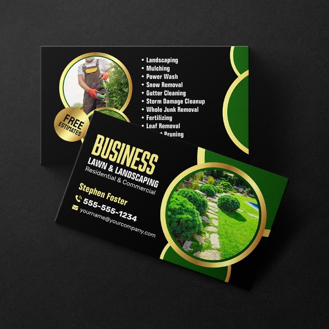 Elegant Black Gold Lawncare Landscaping Service Business Card (Creator Uploaded)