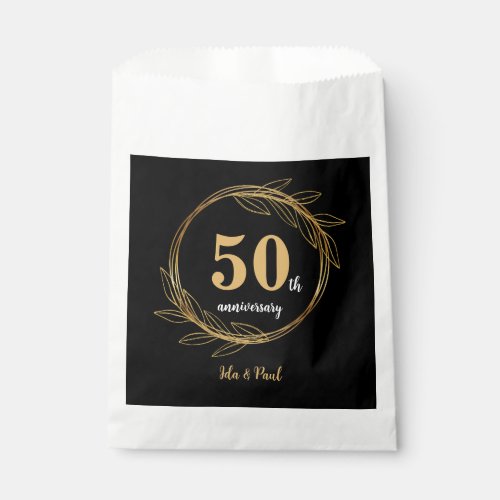 Elegant Black Gold Leaf 50th Wedding Anniversary Favor Bag