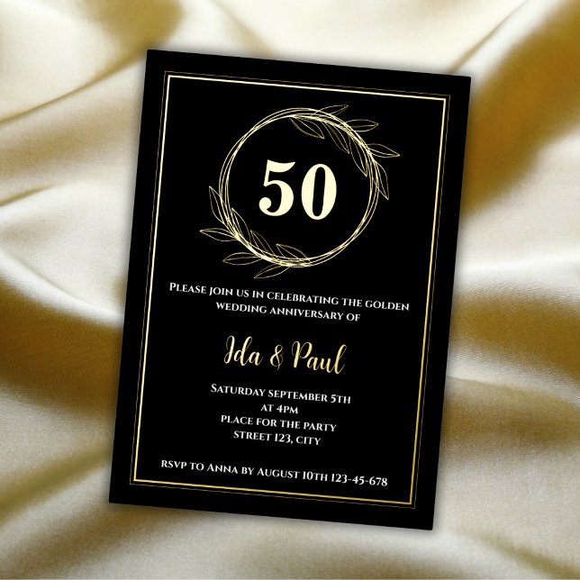 Elegant Black Gold Leaf 50th Wedding Anniversary Foil Invitation (50 wedding anniversary invitation elegant golden leaf black)