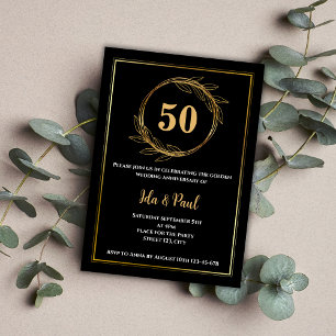 Elegant Black Gold Leaf 50th Wedding Anniversary Invitation