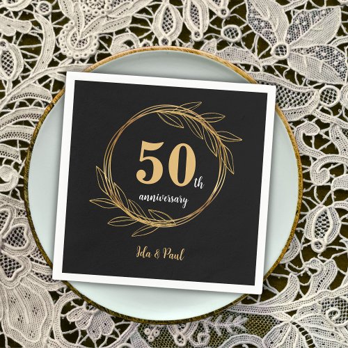 Elegant Black Gold Leaf 50th Wedding Anniversary Napkins